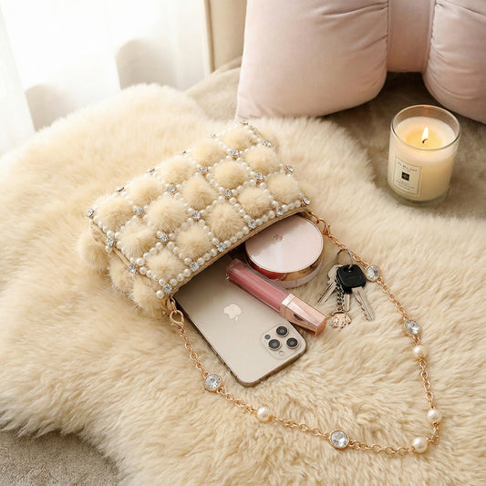 Moonooze Pearl & Diamond Inlaid Genuine Mink Fur Cute Fairy Chic Chain Crossbody Bag moonooze