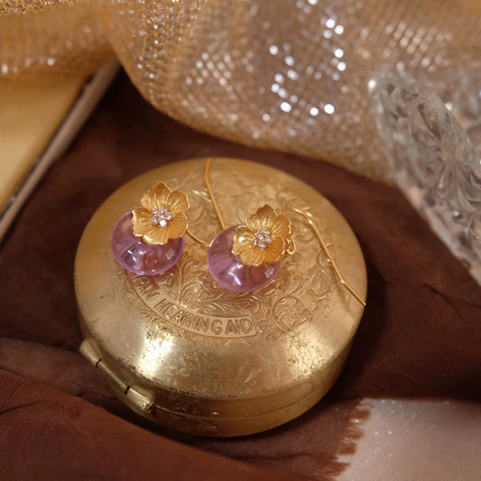 Moonooze 24k Brushed Gold Classic Peace Buckle Iris Colored Glass Elegant Retro Romantic Earrings moonooze