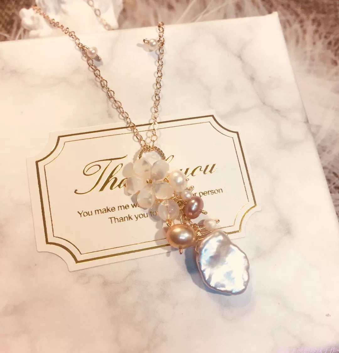 Moonooze Natural Freshwater Baroque Pearl Necklace with Unique Colors, Shell Flower, and Moonstone moonooze