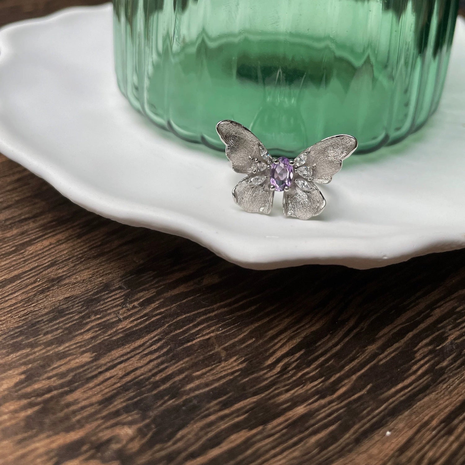 Moonooze S925 Natural Amethyst Charm Retro Index Finger Butterfly Ring moonooze