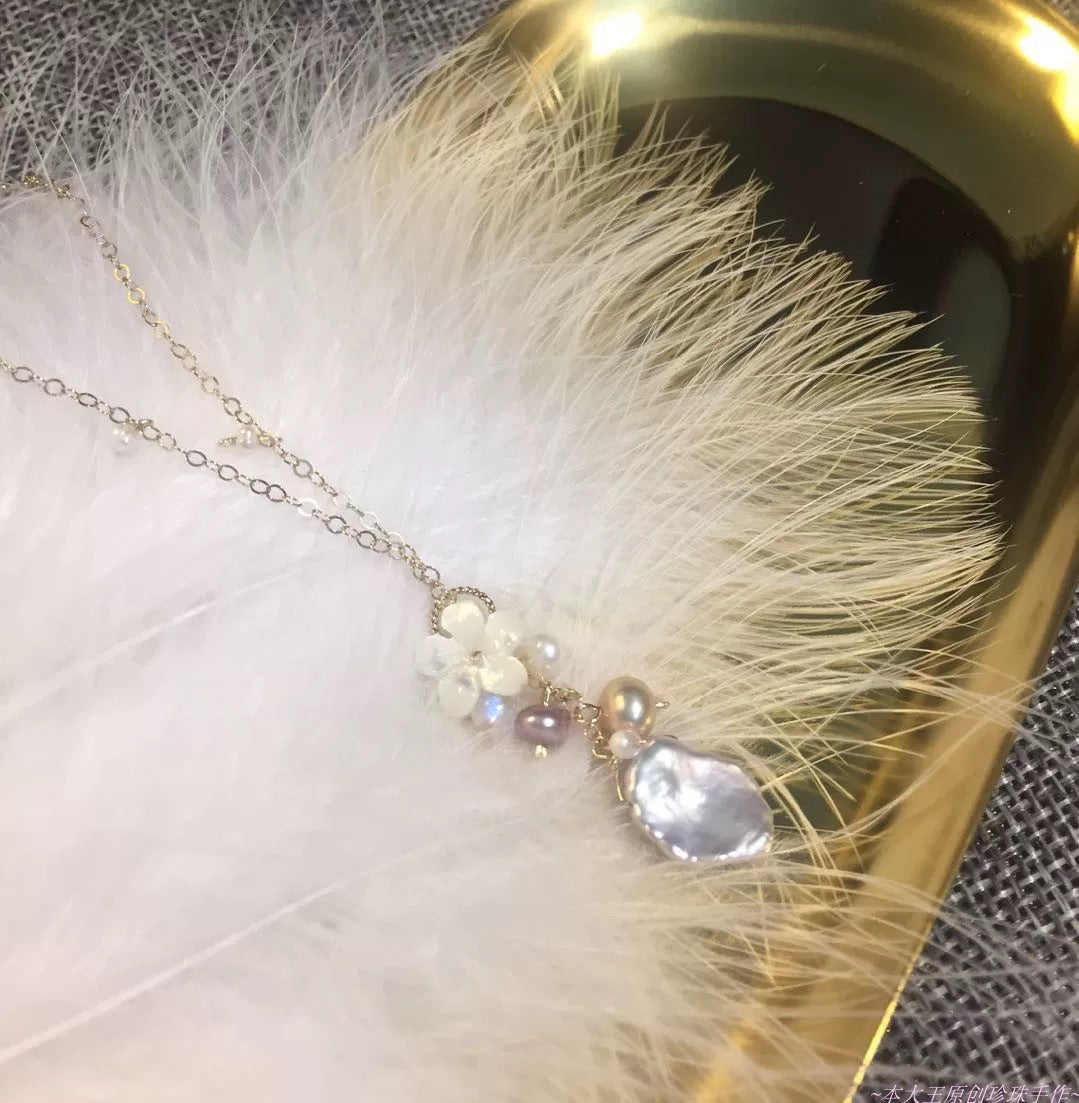 Moonooze Natural Freshwater Baroque Pearl Necklace with Unique Colors, Shell Flower, and Moonstone moonooze