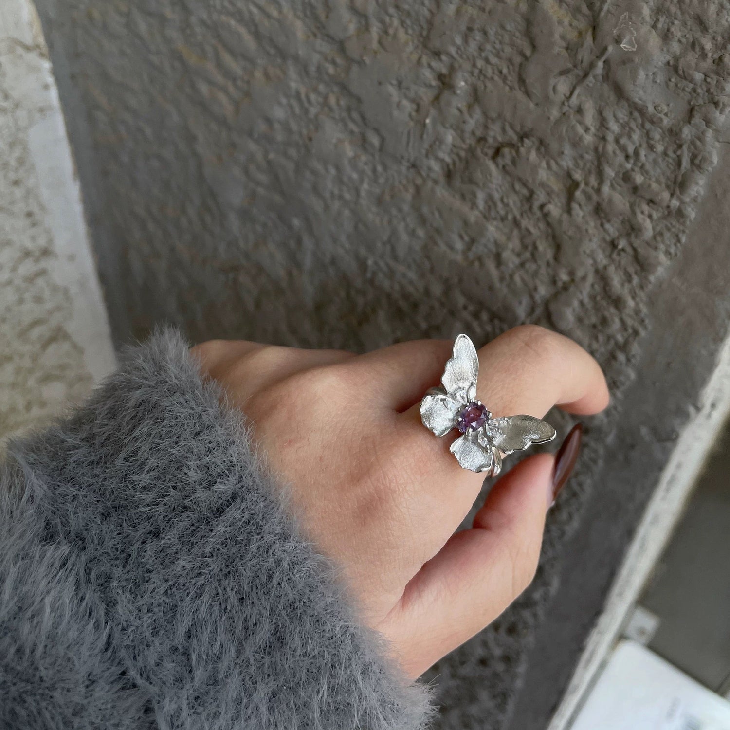 Moonooze S925 Natural Amethyst Charm Retro Index Finger Butterfly Ring moonooze