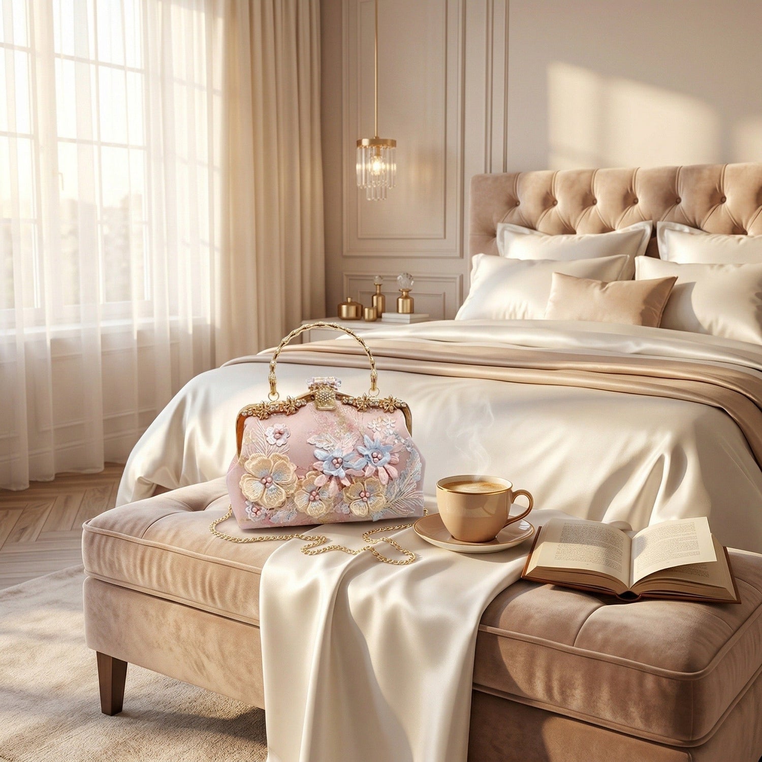 Moonooze Fashion Handbag with Embroidered Floral Pattern moonooze