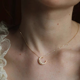 Moonooze 18K gold double-sided vintage moon crescent pendant set with rose-cut natural diamonds moonooze