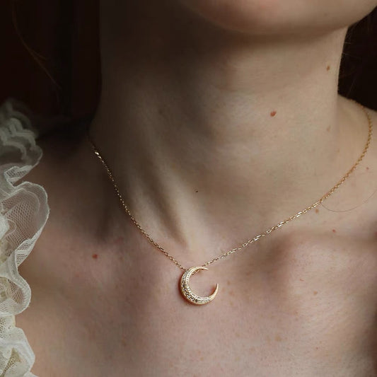 Moonooze 18K gold double-sided vintage moon crescent pendant set with rose-cut natural diamonds moonooze