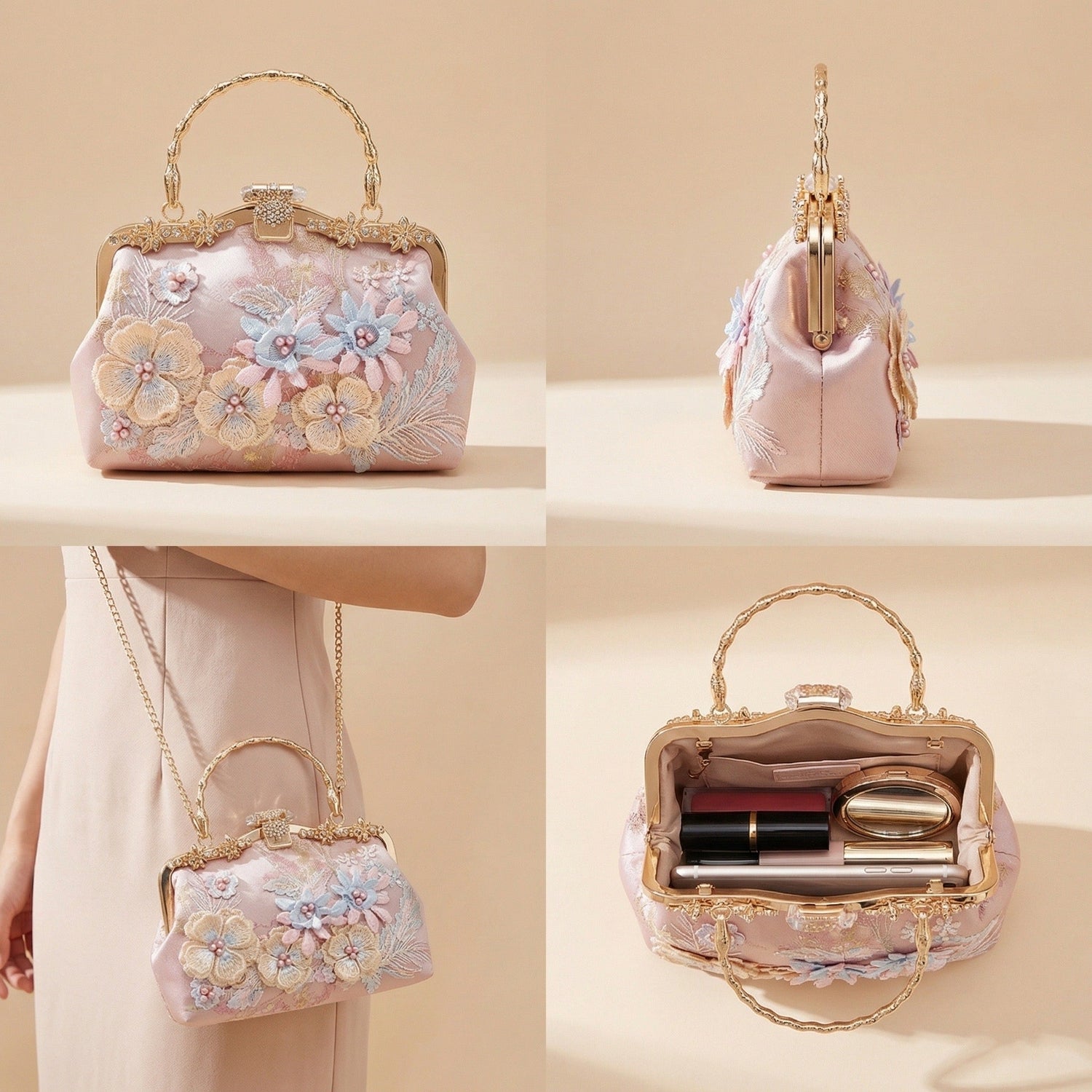 Moonooze Fashion Handbag with Embroidered Floral Pattern moonooze