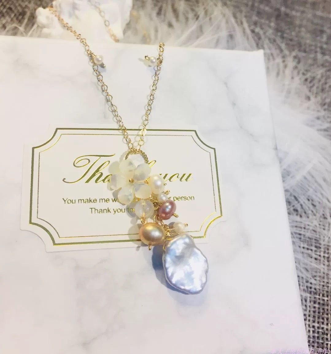 Moonooze Natural Freshwater Baroque Pearl Necklace with Unique Colors, Shell Flower, and Moonstone moonooze