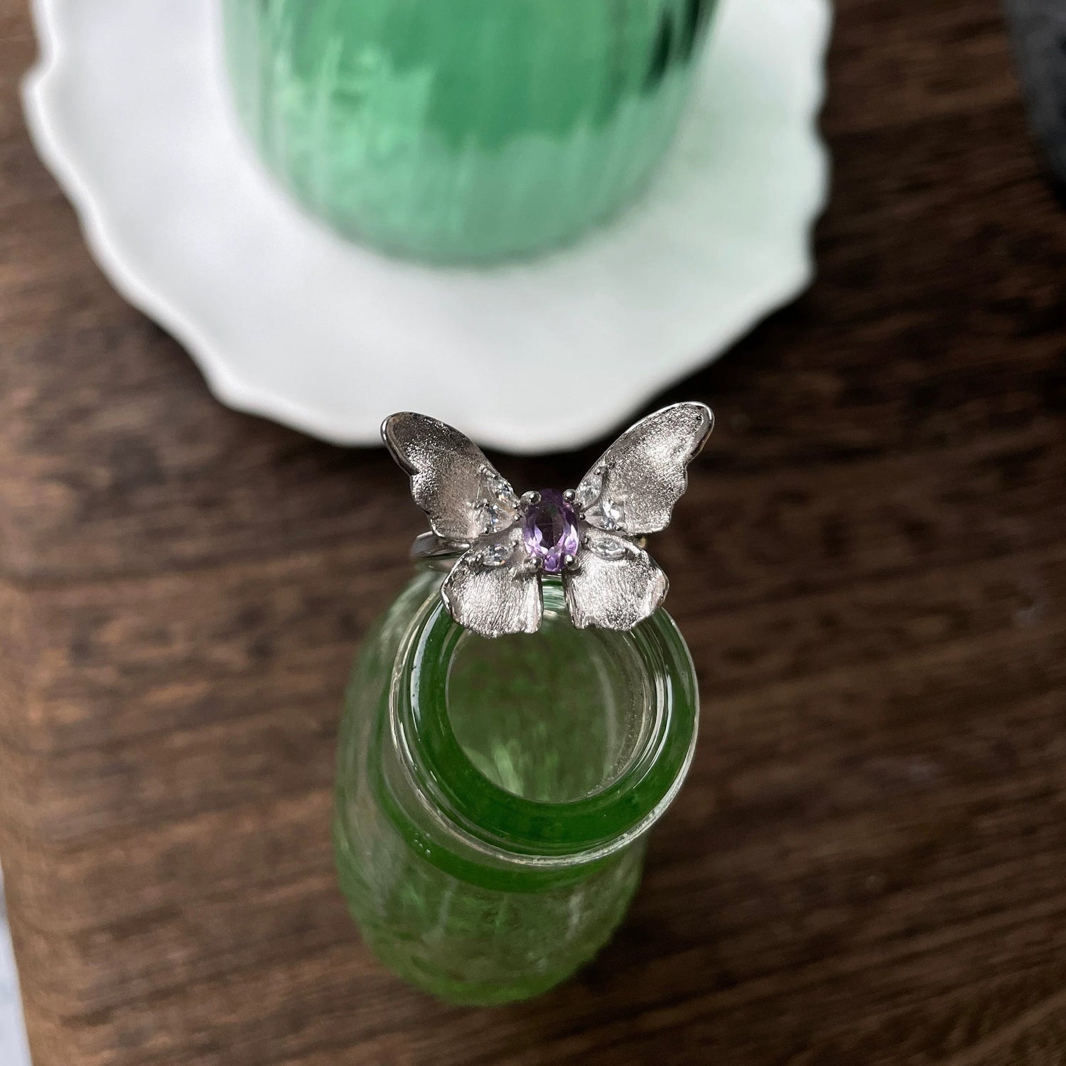 Moonooze S925 Natural Amethyst Charm Retro Index Finger Butterfly Ring moonooze