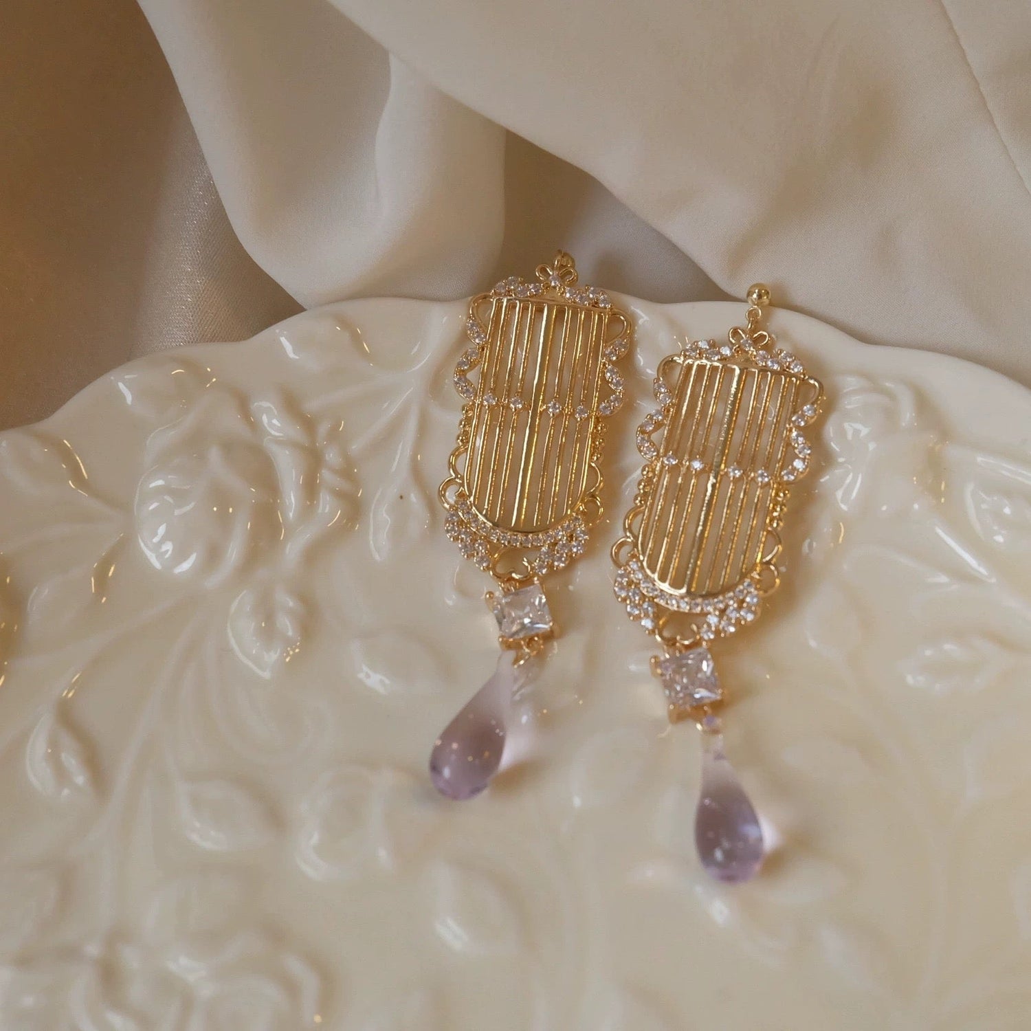 Moonooze Irish Harp Earrings: Lilac Elegance in Celtic & French Glass moonooze