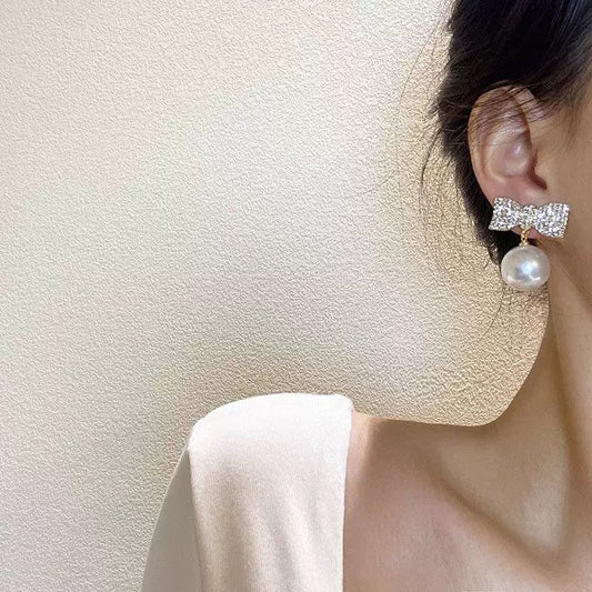 Exaggerated Korean-Style Silver Needle Diamond Butterfly Knot Earrings moonooze