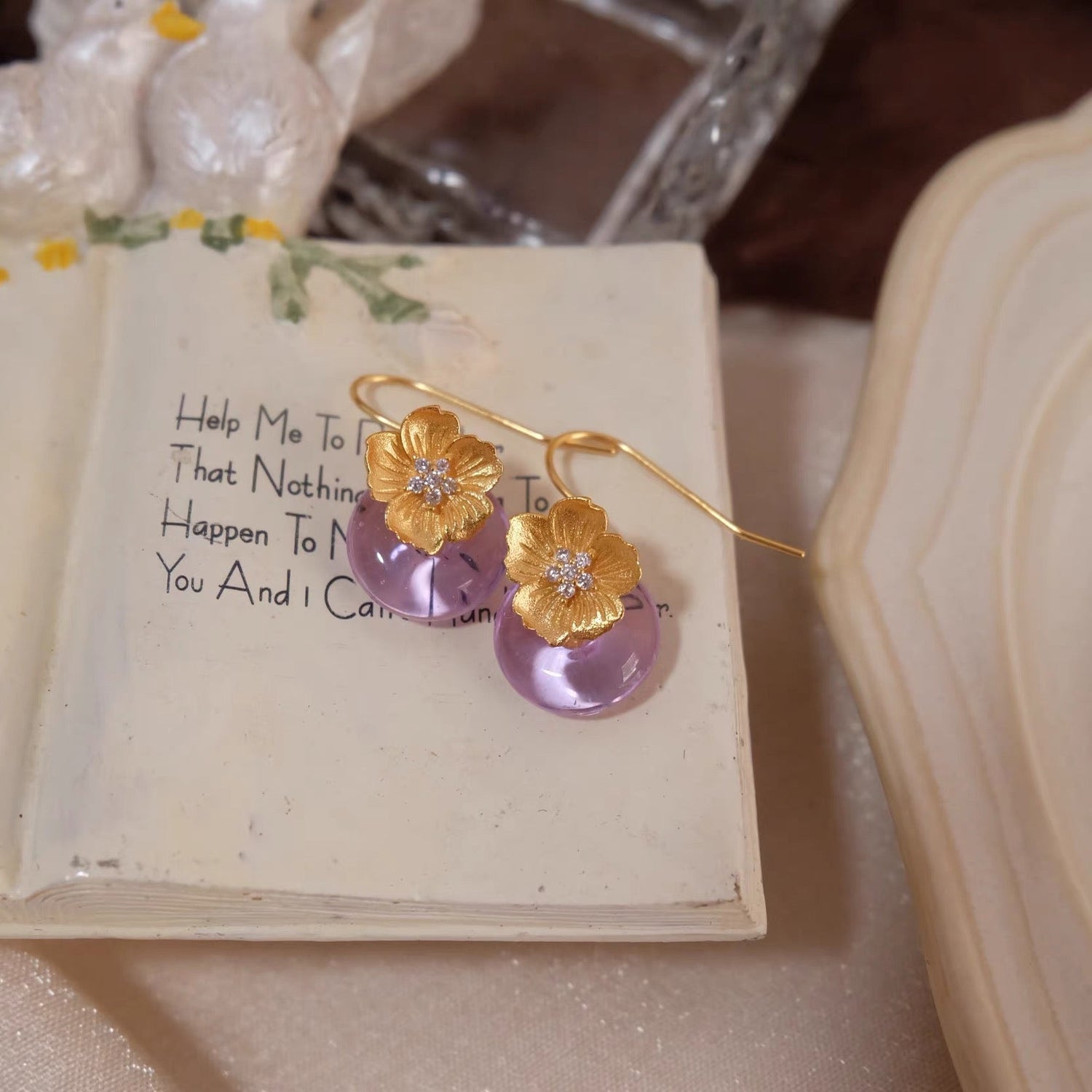 Moonooze 24k Brushed Gold Classic Peace Buckle Iris Colored Glass Elegant Retro Romantic Earrings moonooze