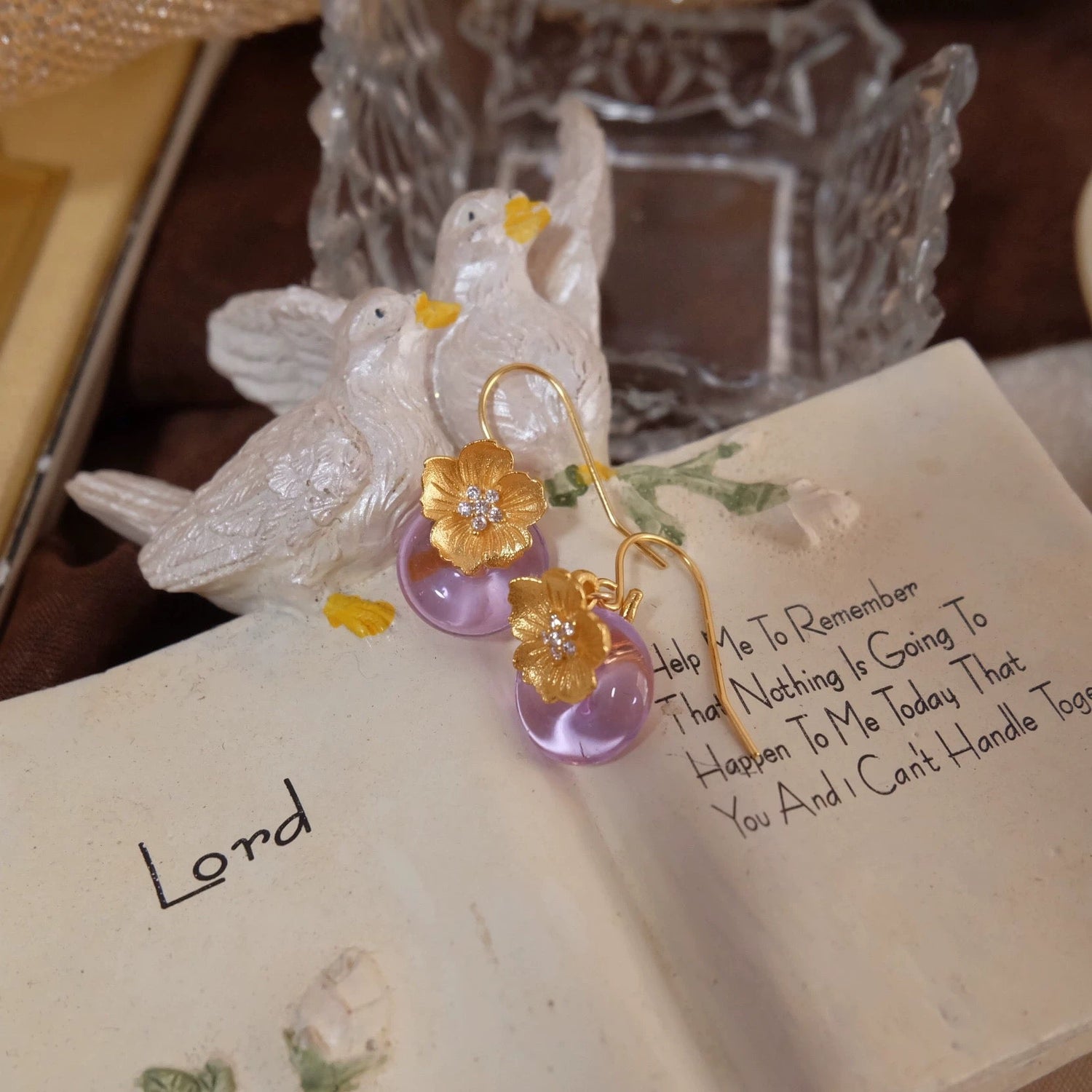 Moonooze 24k Brushed Gold Classic Peace Buckle Iris Colored Glass Elegant Retro Romantic Earrings moonooze